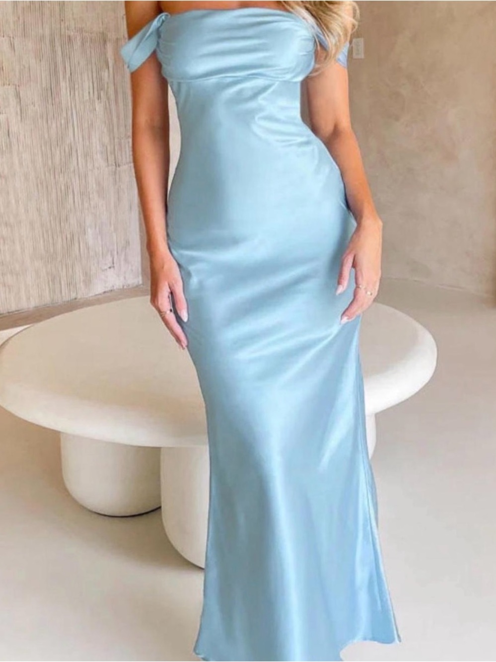 Elegant Off-Shoulder Satin Maxi Dress in Light Blue